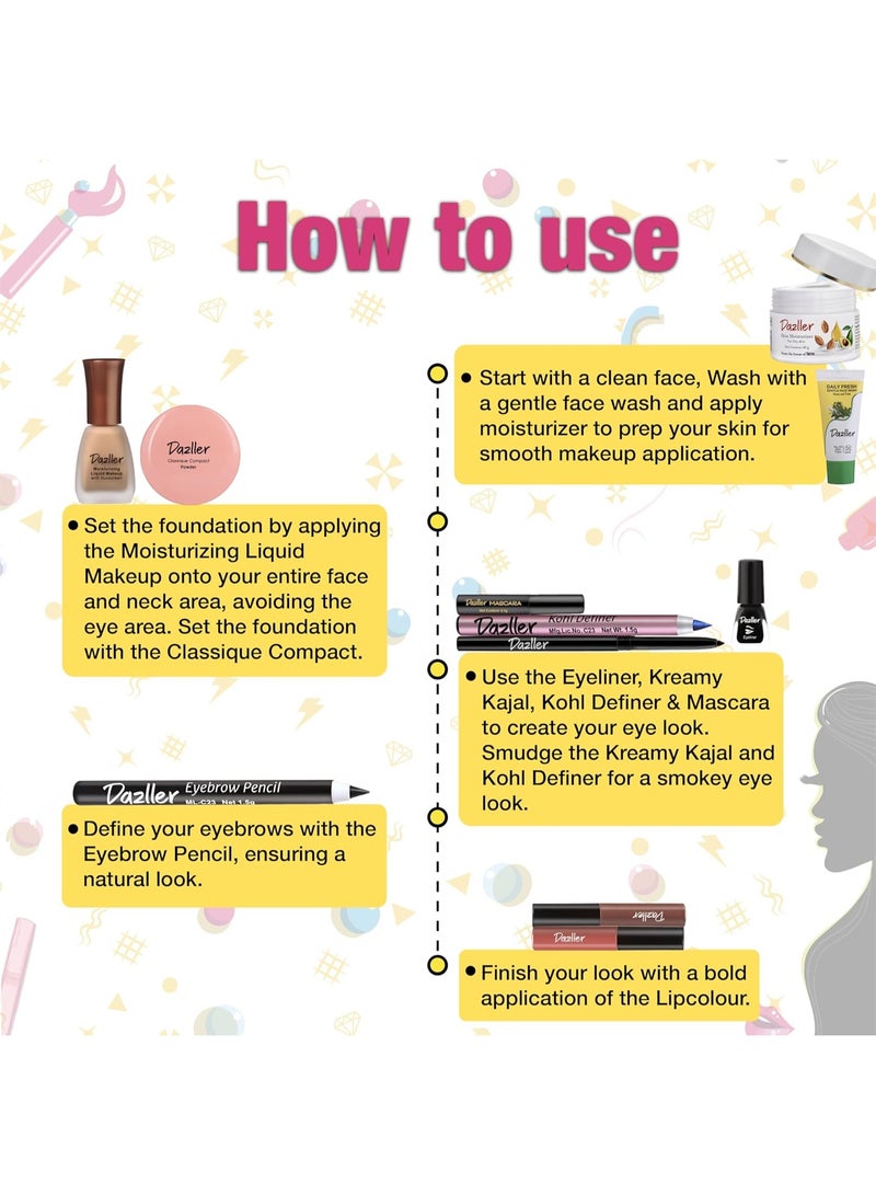 دازلير مجموعة دازلر ميني جلام - 8 في 1، للبشرة الفاتحة، تحتوي على: كحل، قلم تحديد الحواجب، محدد العيون، ماسكارا، كريم أساس، بودرة مضغوطة، لونان للشفاه، 38.45 غرام - Image 3